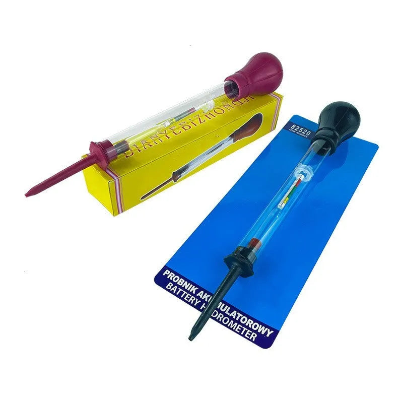 Electrohydraulic battery hydrometer with glass construction and suction mechanism for electrolyte testing