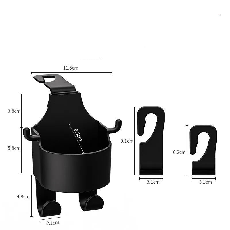 Black plastic car seat back hook with built-in cup holder for vehicle organisation