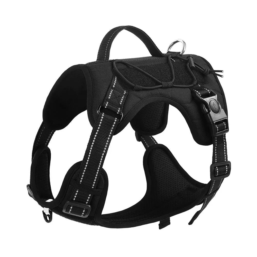 Orange reflective dog harness with a black integrated hand-holding rope, showing size adjustment straps.
