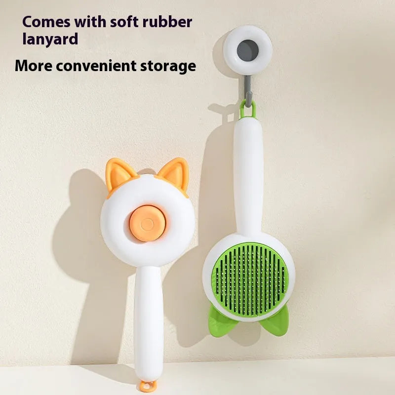 Self-cleaning pet grooming brush for cats with stainless steel teeth in greenish white colour