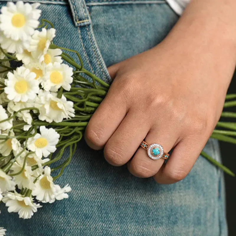 Women's turquoise ethnic style copper ring with oil micro inlaid zircon geometric design in rose gold colour