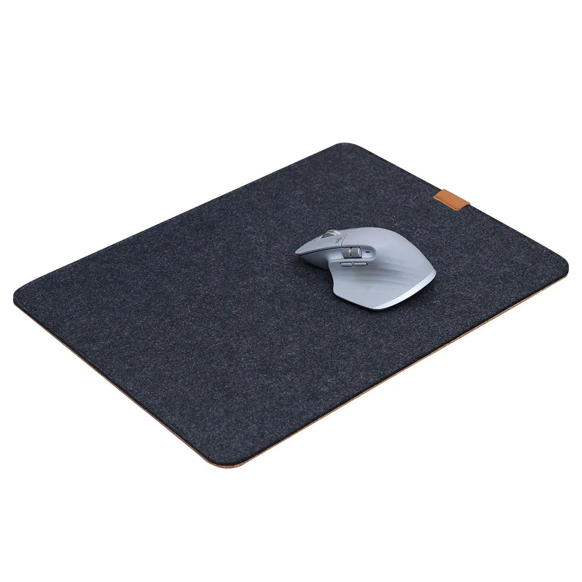 Oversized grey felt cork desk mat with non-slip backing shown on office desk