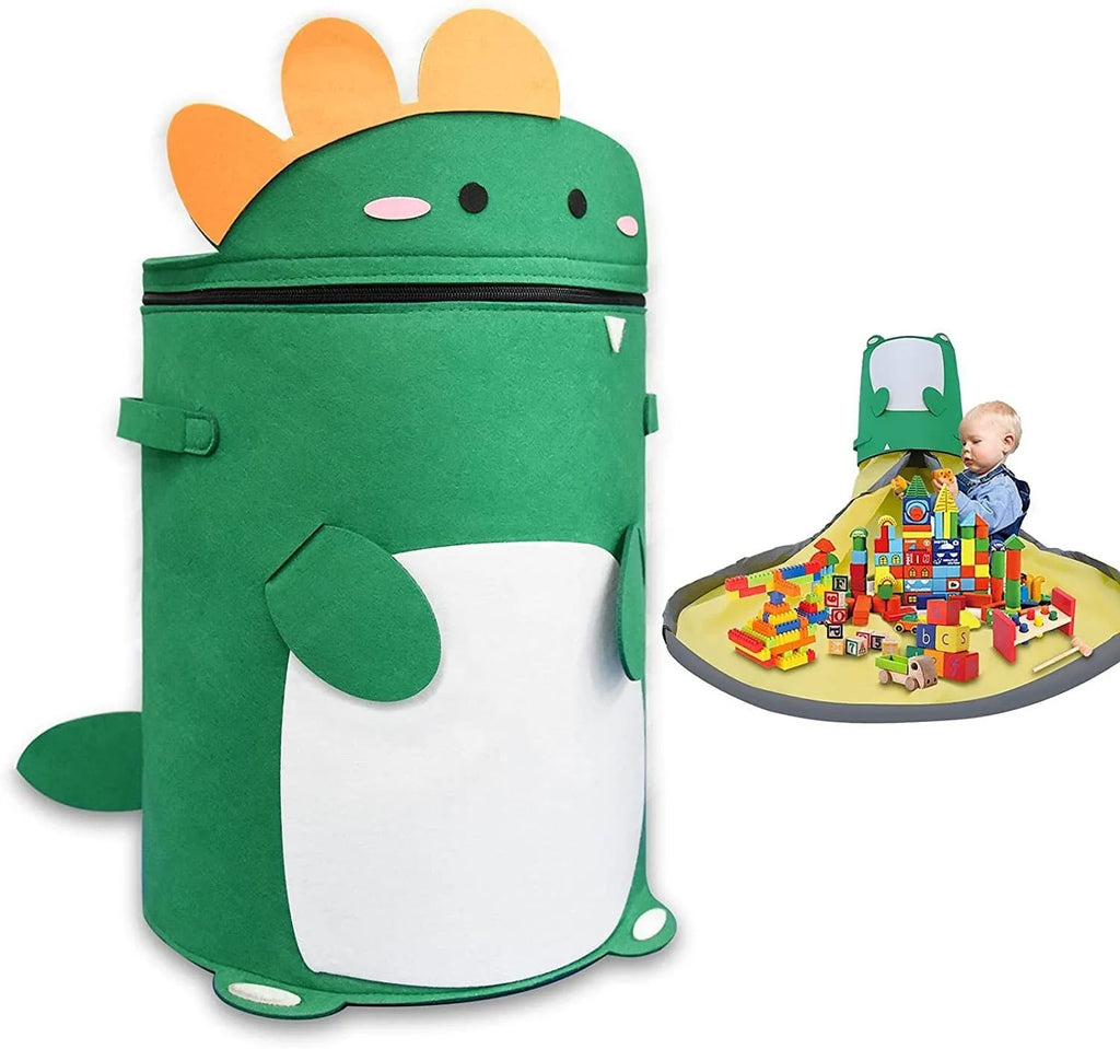 Green felt storage cube with pull rope unfolded as waterproof play mat for children's toys