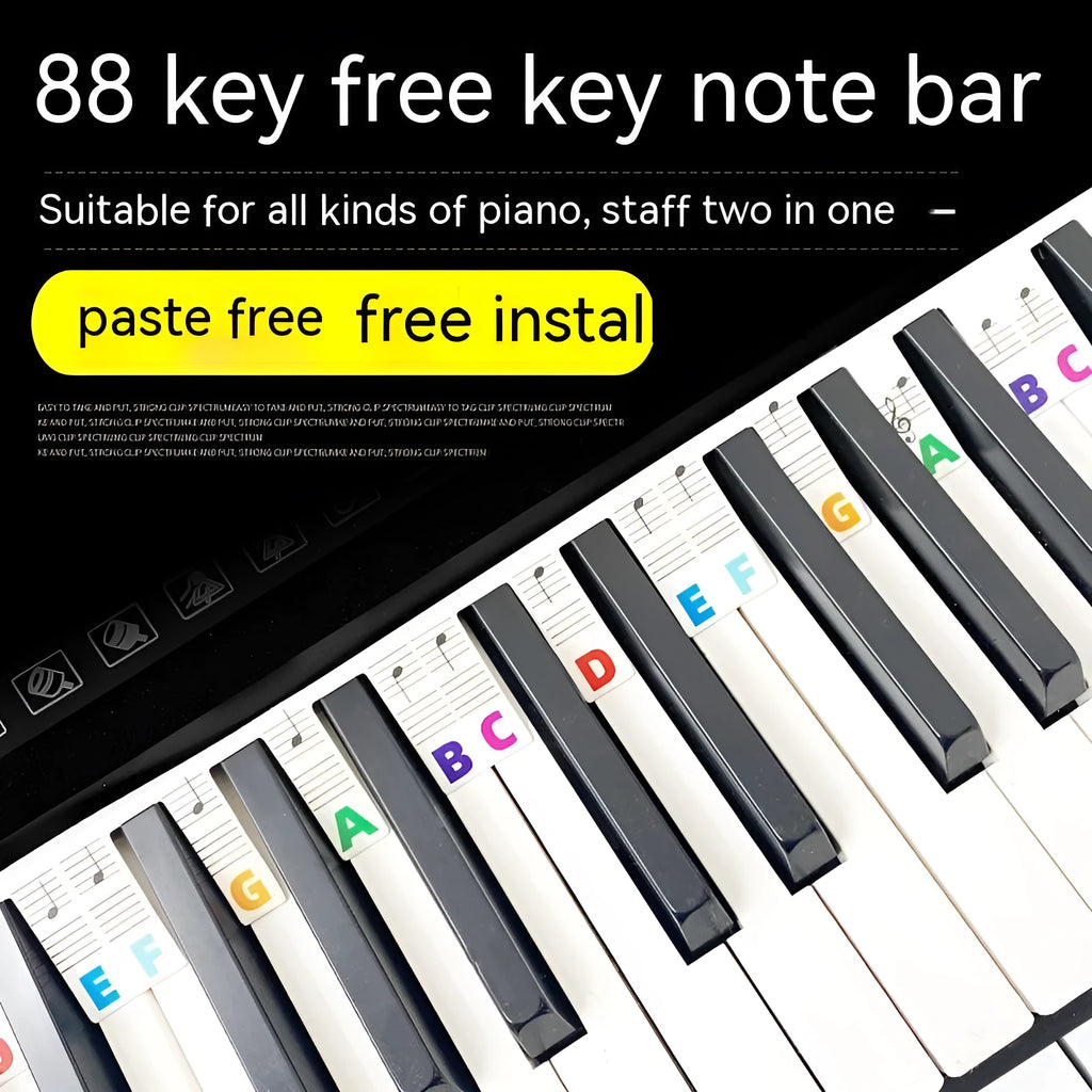 White cardboard piano keyboard stickers for 88 keys with colour note bars and black note labels