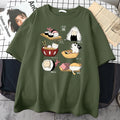 Men's black cotton T-shirt with printed cat sushi cartoon design, short sleeves, loose fit