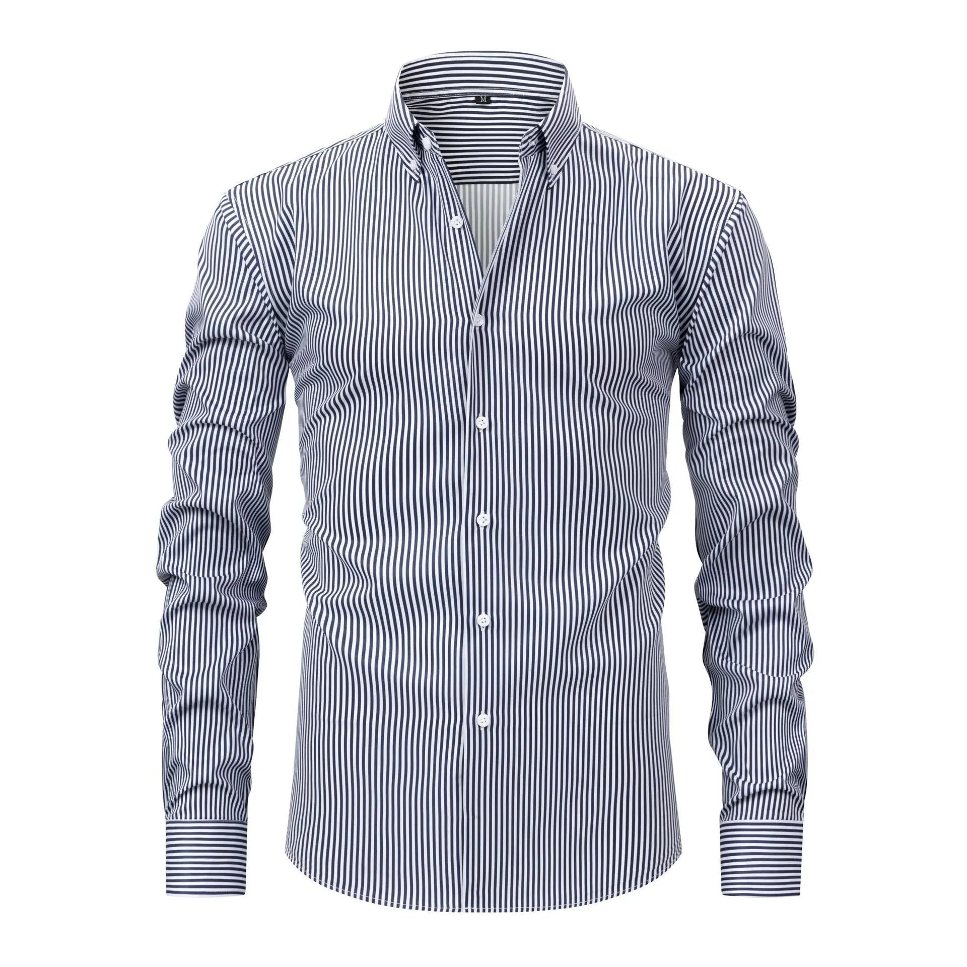 Man wearing a striped non-iron business casual shirt with a lapel collar.