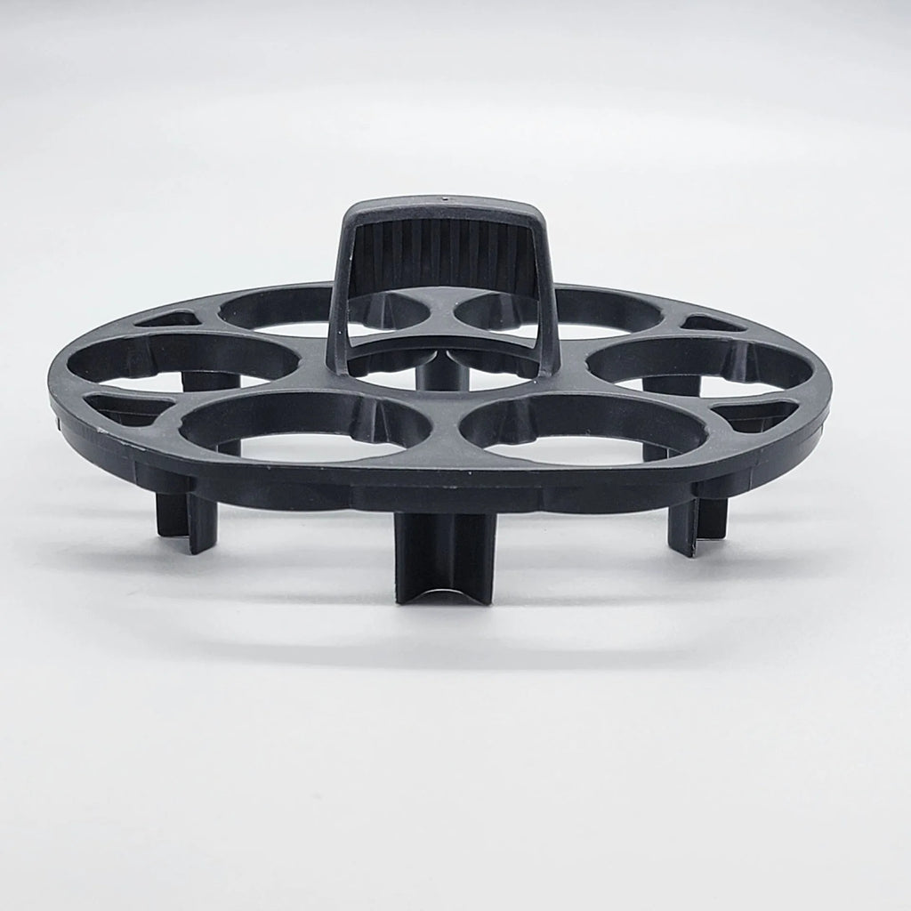 Black plastic egg holder basket with modern design showing 13.8cm length dimensions