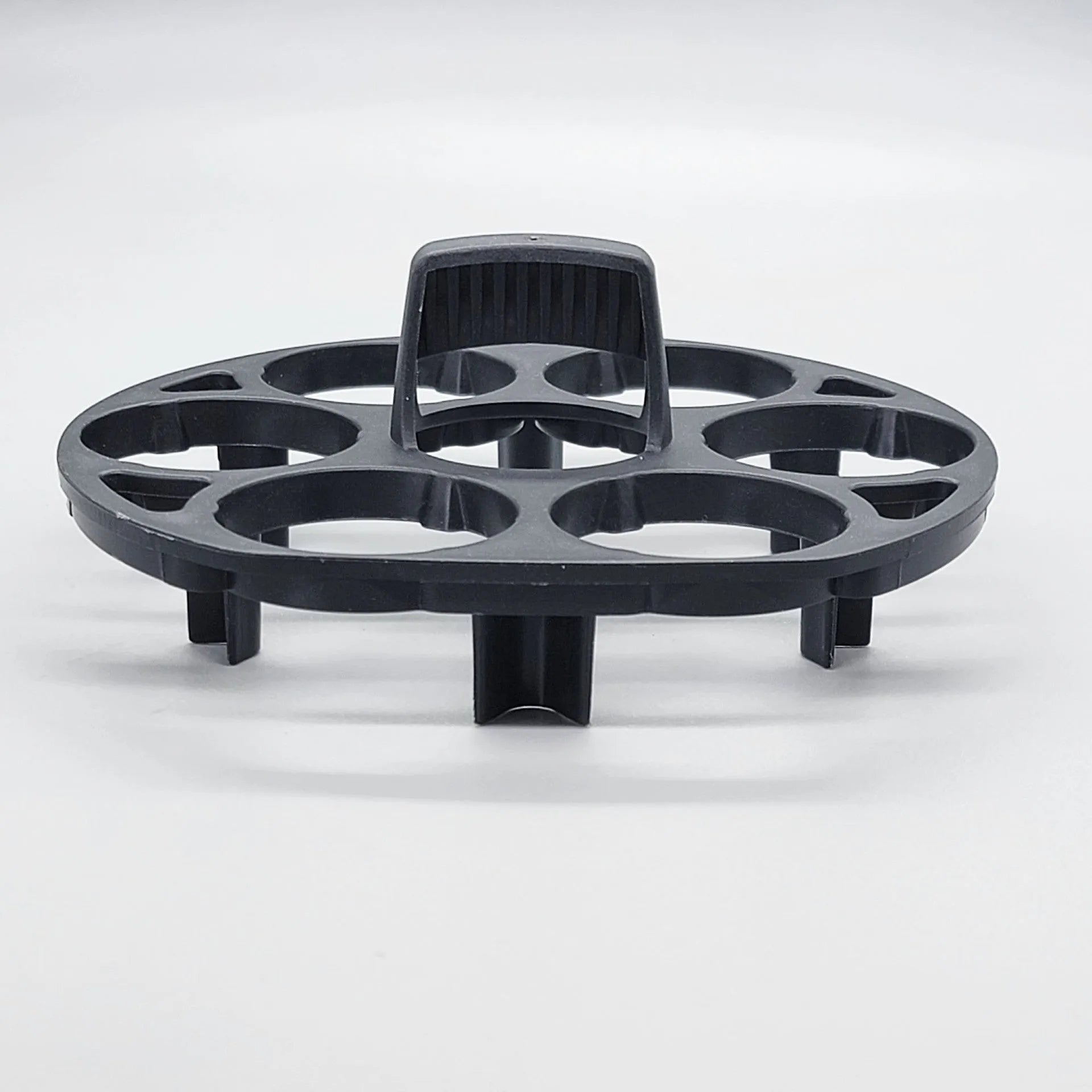 Black plastic egg holder basket with modern design showing 13.8cm length dimensions