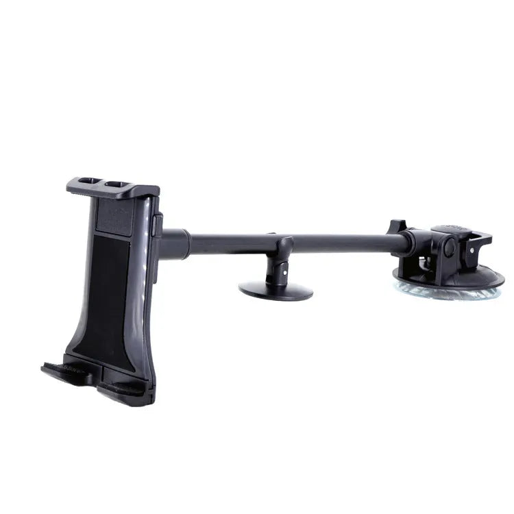 Black vehicle tablet holder with adjustable lifting bracket and suction cup mount for 4-12 inch devices