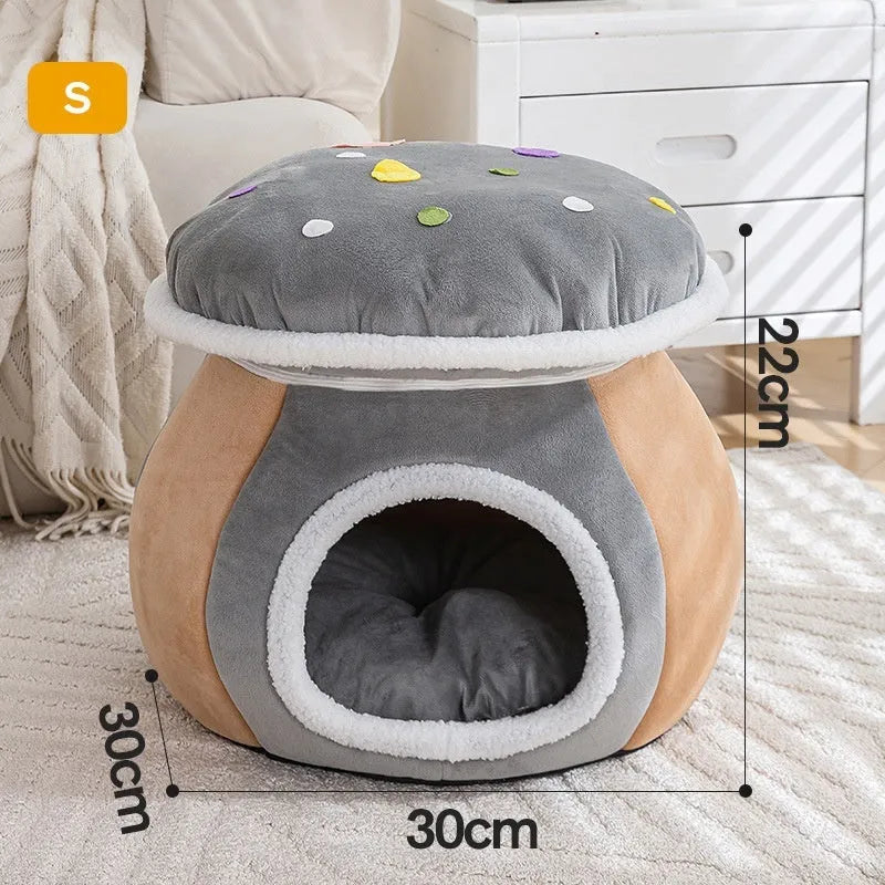 Grey plush mushroom-shaped cat nest with a detachable blanket, shown alongside pink and purple colour options.