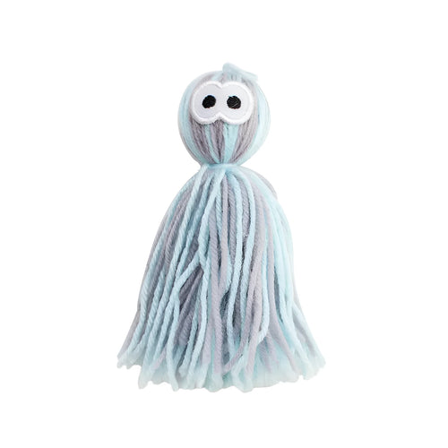 Bite-resistant wool ball cat toy with hanging loop in blue-grey colour option for teething relief