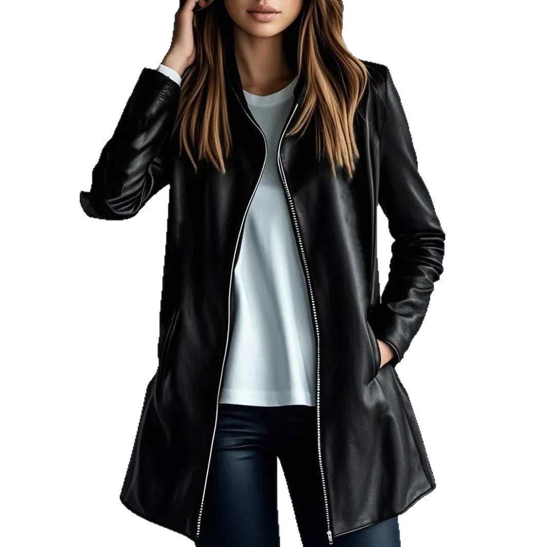 Women's black leather-style jacket with a medium 65cm length and long sleeves.