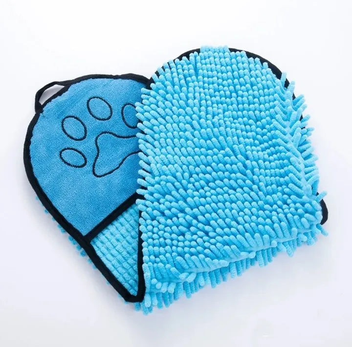Blue soft fibre pet bath robe towel laid flat, showing its size next to a dog silhouette.