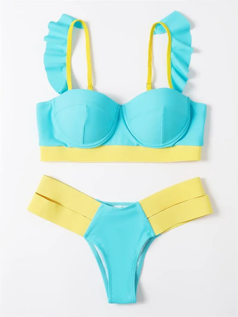 Women's steel bracket push-up bikini swimsuit in contrast colours including rose red and peacock blue