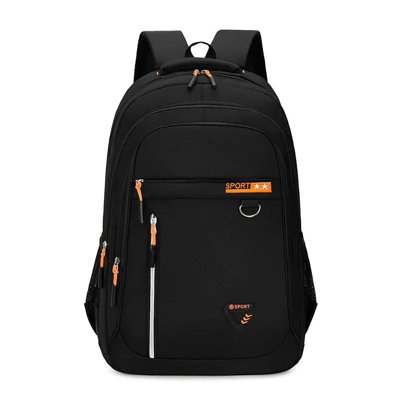 Men's large Oxford cloth schoolbag in black with letter pattern, showing air pillow belt and splicing detail.