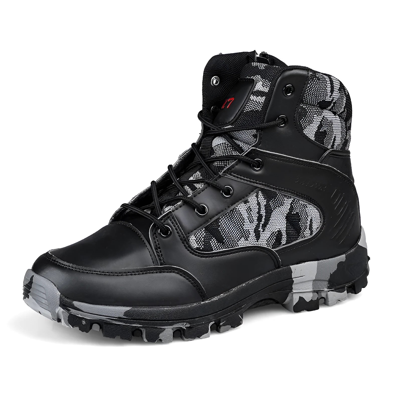 Men's high-top hiking shoes in camouflage colour with metal accent details