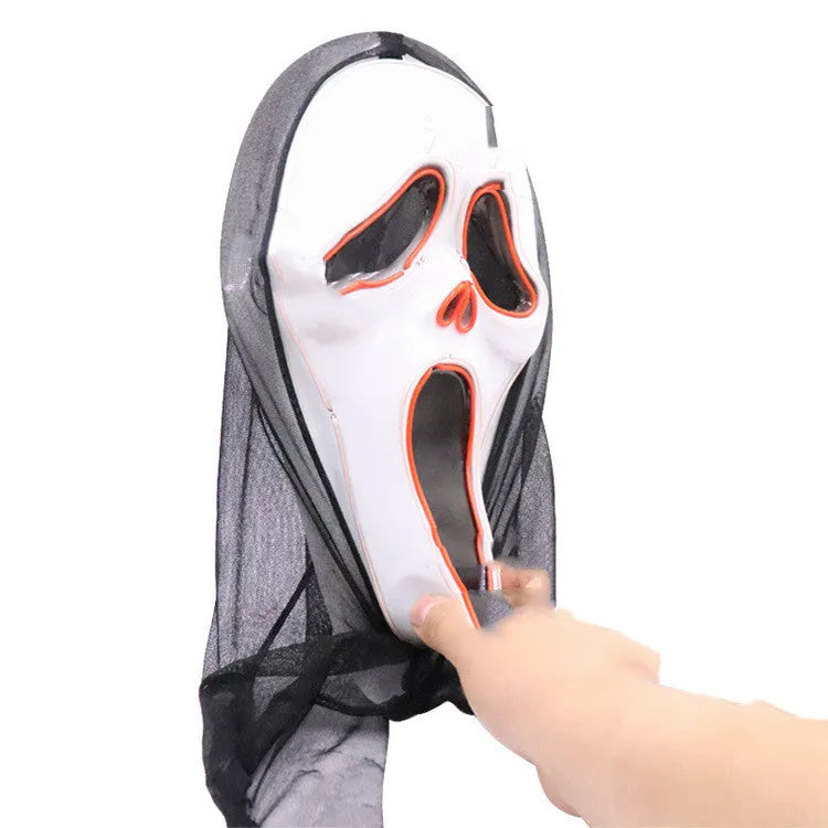 White plastic scary skull LED glowing screaming mask with ice blue light for Halloween party