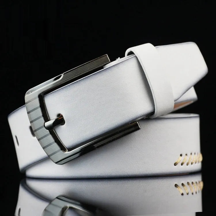 Men's casual belt with alloy pin buckle showing retro threading pattern detail