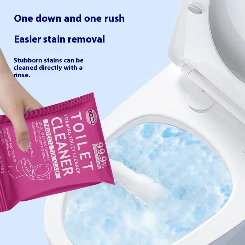 Box and bag of toilet bubble cleaning powder in blue ocean and pink floral fragrance options.