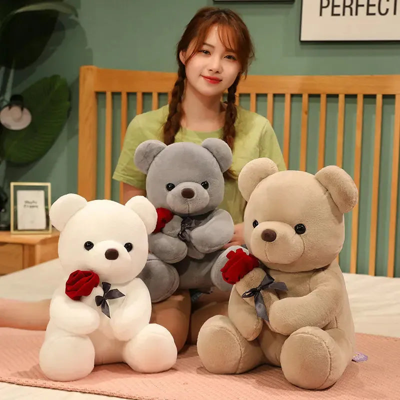 Rose bear plush teddy doll pillow in short plush fabric with PP cotton filling