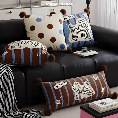 Blue cartoon animal print square sofa cushion with removable pillowcase on a grey sofa.