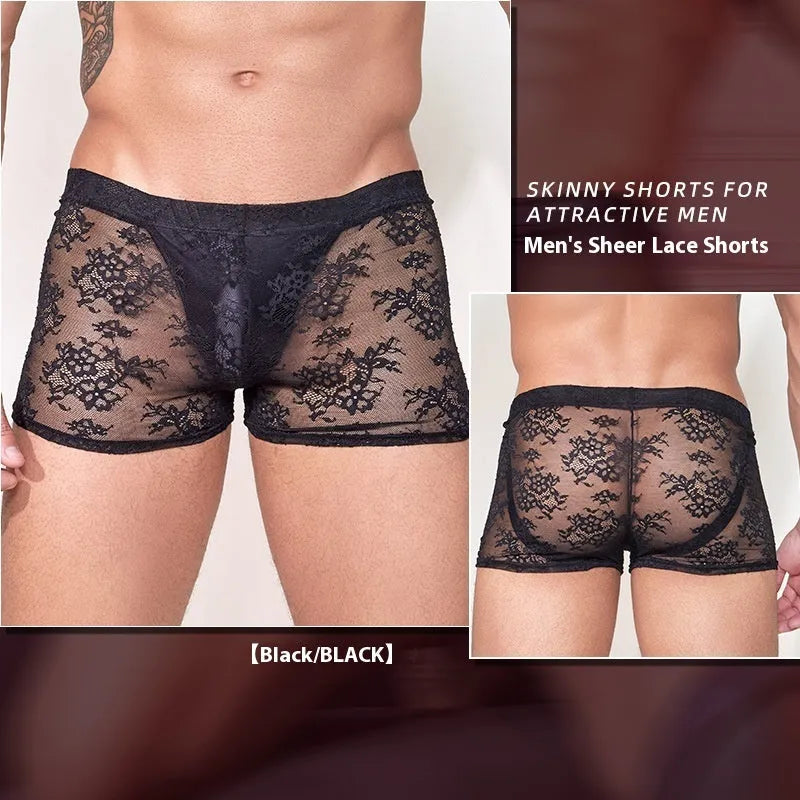 Men's black nylon boxers with a lace design detail on a free size mannequin.