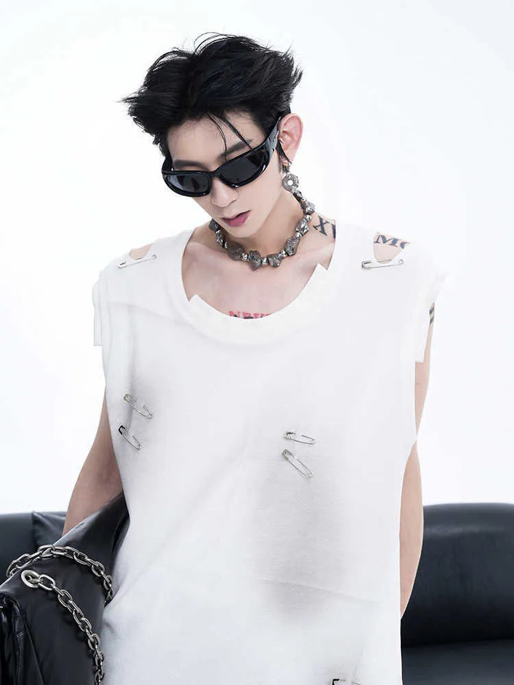 Men's black sleeveless vest t-shirt with ripped irregular cutting piece design and round neck collar