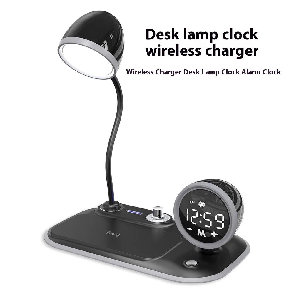 White desk lamp with integrated digital clock display and wireless charging pad surface