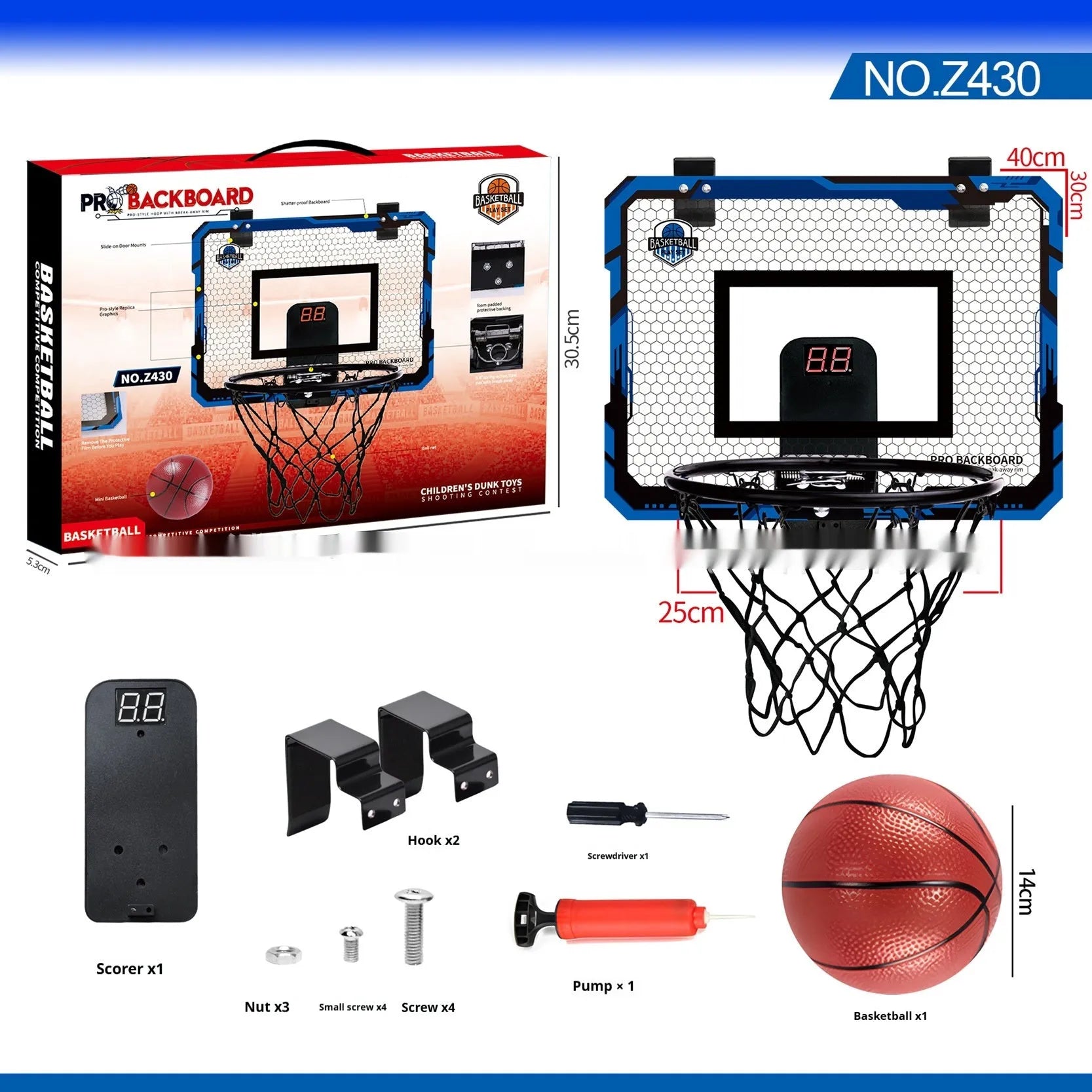 Red and blue folding basketball frame with scoring panels, suction cups, and iron hook