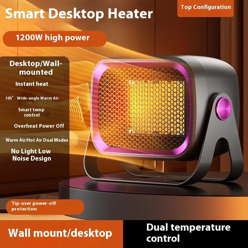 Compact white desktop ceramic heater with control buttons, shown on a wooden desk.