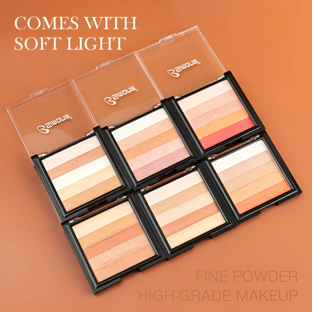A compact of highlight eye shadow in one of six colour styles, shown open to display the powder.