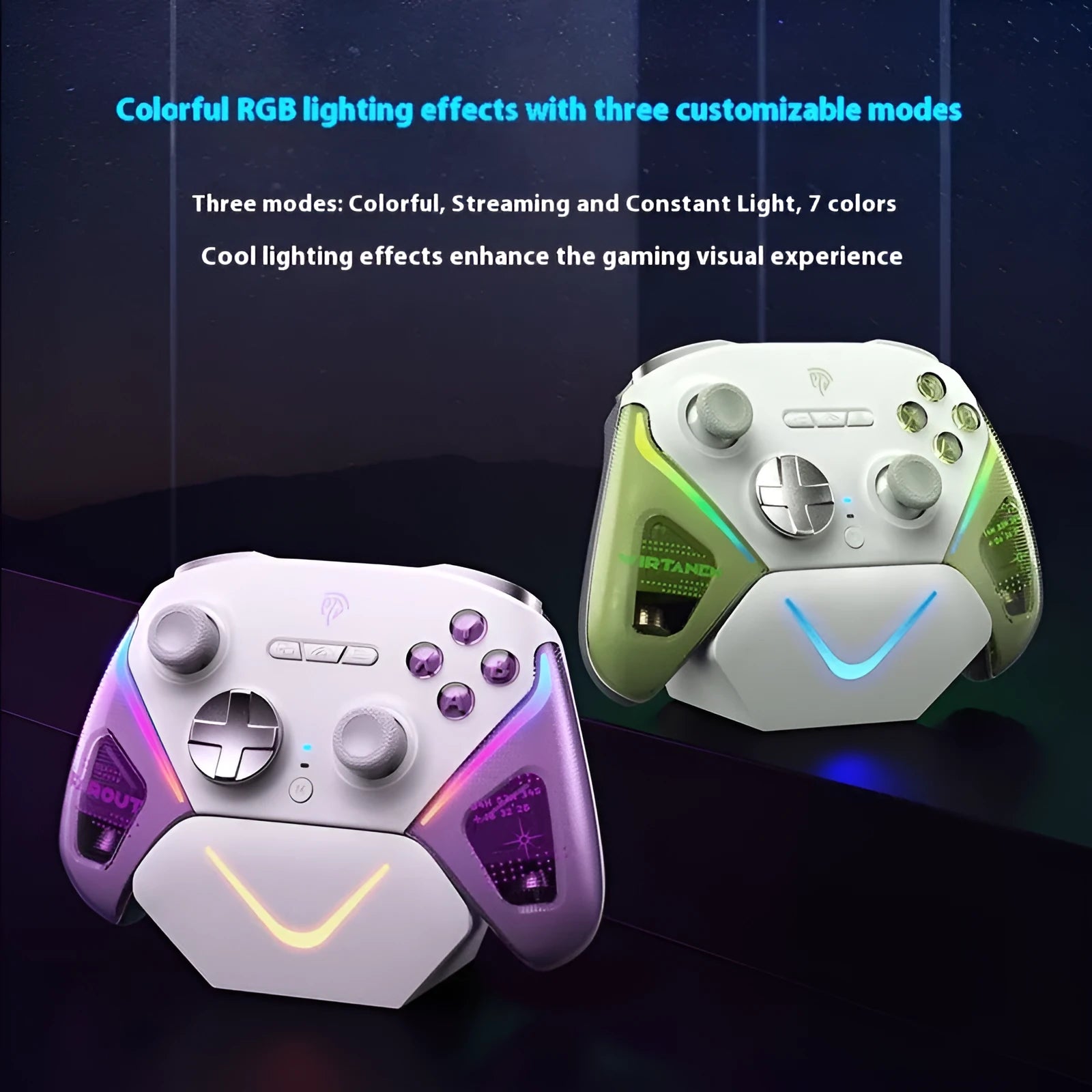 Rocker Smart gaming controller on charging base in black, green, or purple colour with Type-C port