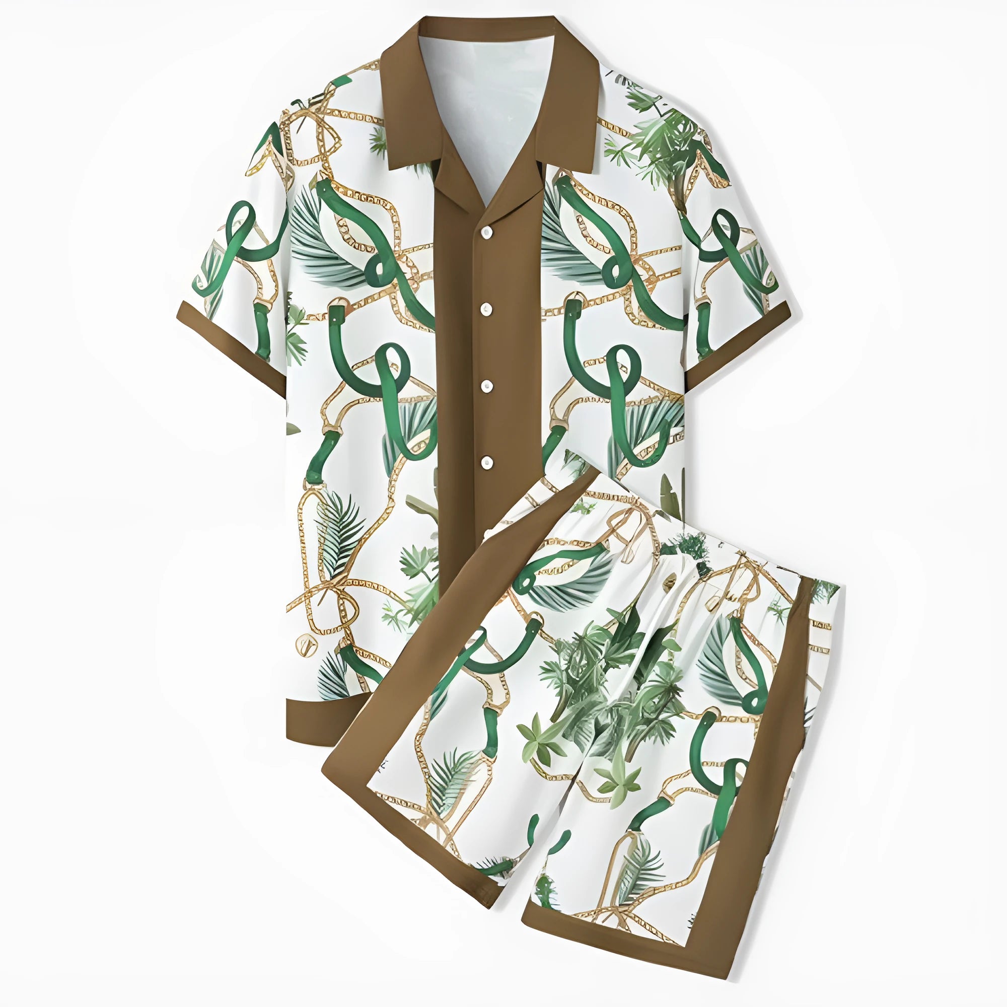 Men's plaid print polyester beach shirt and matching trousers casual outfit set.