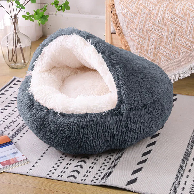 Semi-surrounded waterproof cloth dog kennel in a gradient colour, shown in a garden setting.