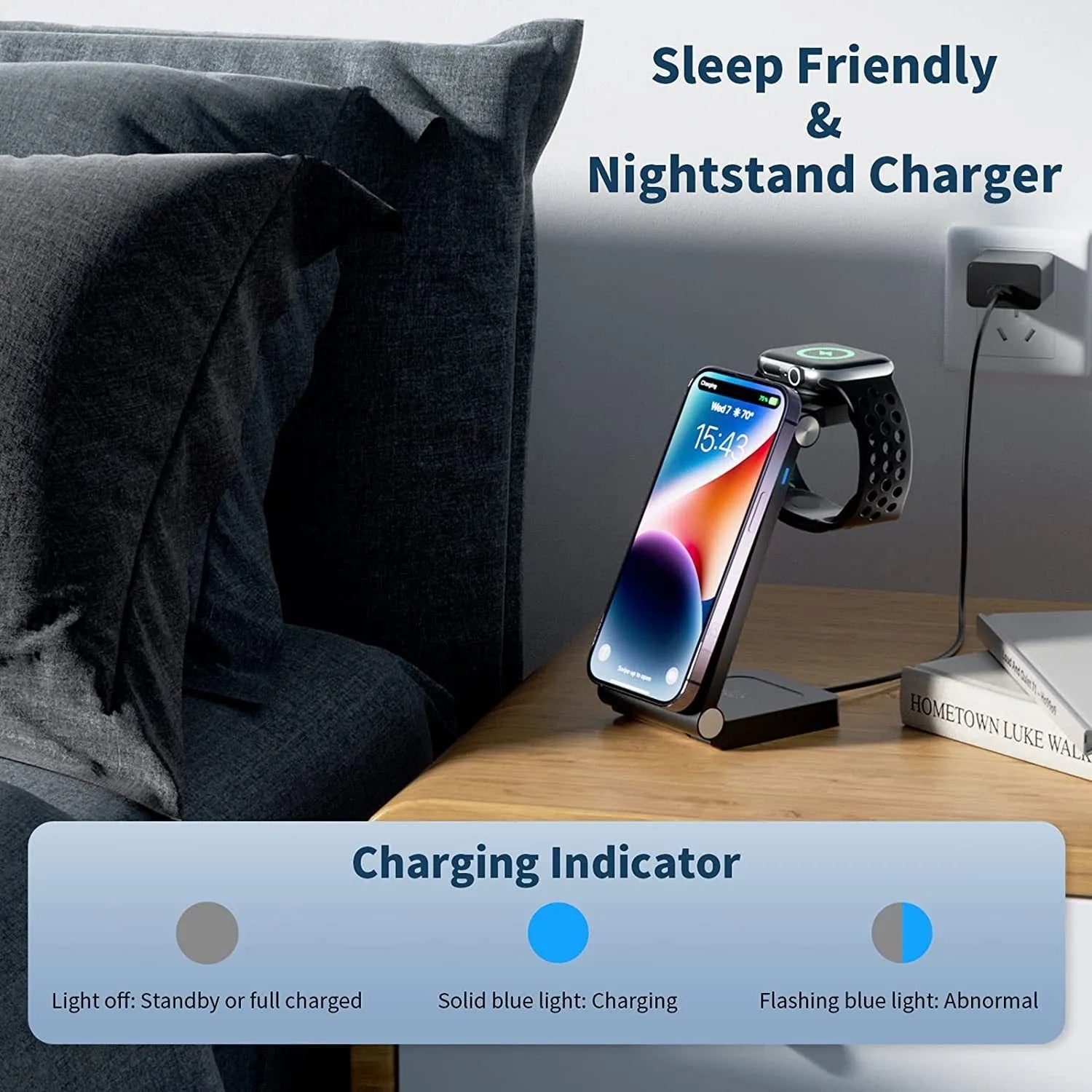 New vertical folding magnetic three-in-one wireless charger in black on a desk charging a smartphone, watch, and earbuds