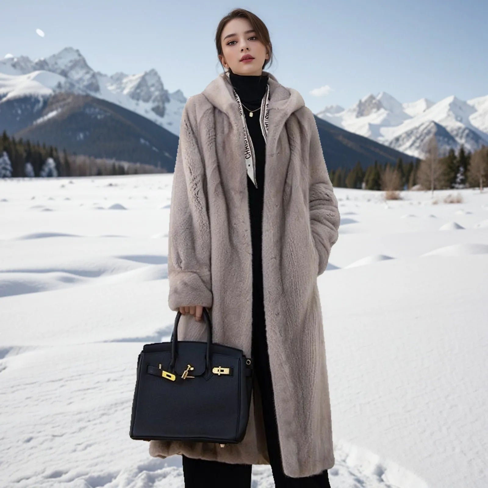 Women's plus size long faux fur coat in brown leopard print with 100cm extended length