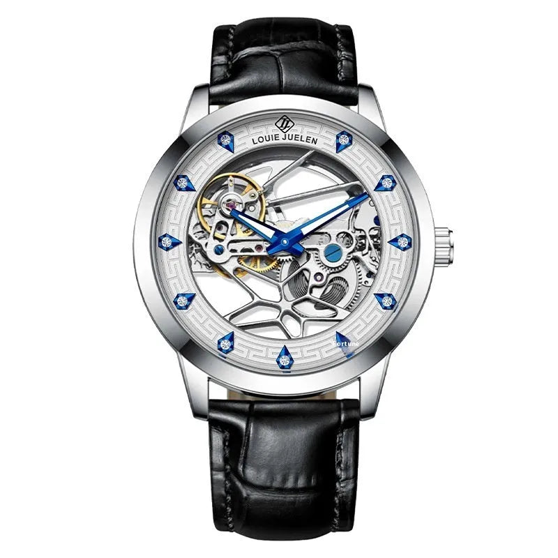 Men's silver mechanical watch with white dial, blue hands, black leather strap, and butterfly clasp.