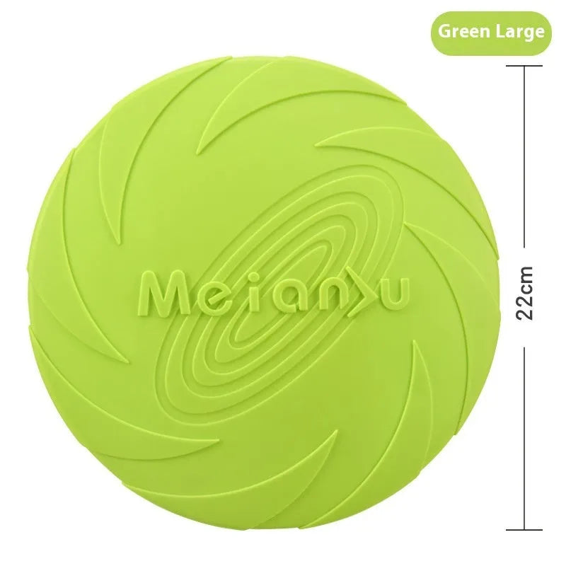 Soft rubber dog frisbee flying disc toy in red, shown in small, medium, and large sizes for outdoor fetch.
