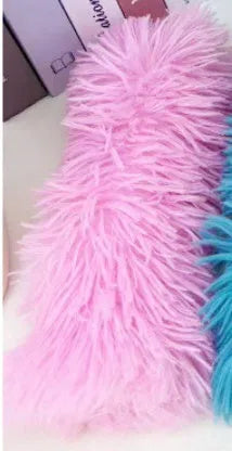 Cat plush toy pillow in blue, green, pink, and white colours measuring 27cm by 10cm
