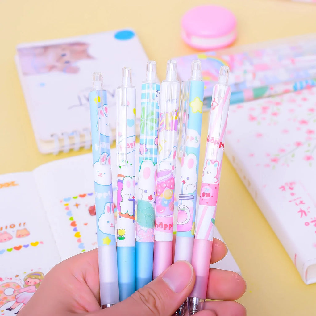Six black signature pens with cartoon bunny designs and 0.5mm fine tips for writing