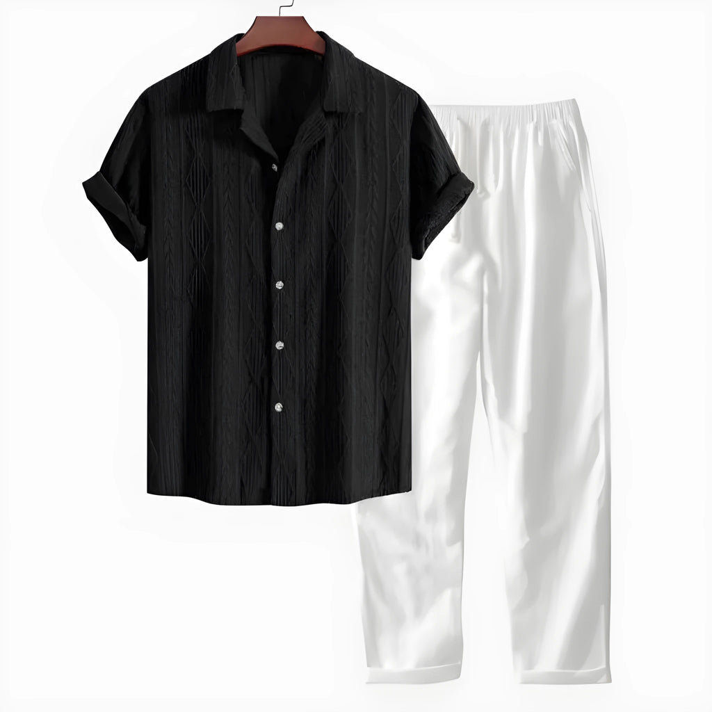 Men's camouflage print casual suit set with short-sleeve lapel shirt and trousers on a hanger.