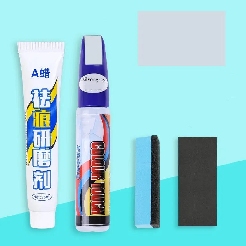 Automotive scratch repair kit with paint pen, wax pen, sponge, and sandpaper