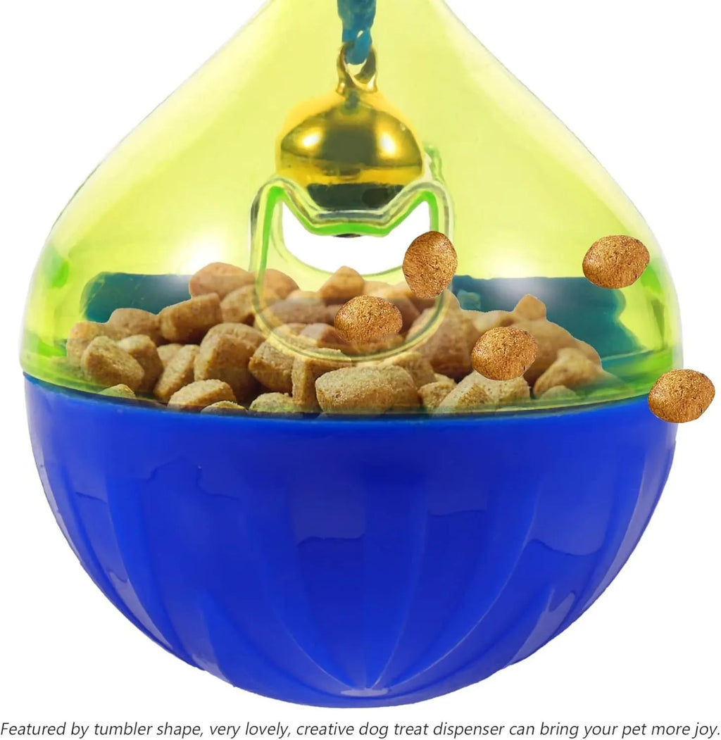 Blue and white durable pet treat dispenser tumbler toy for dogs and cats on a wooden floor.
