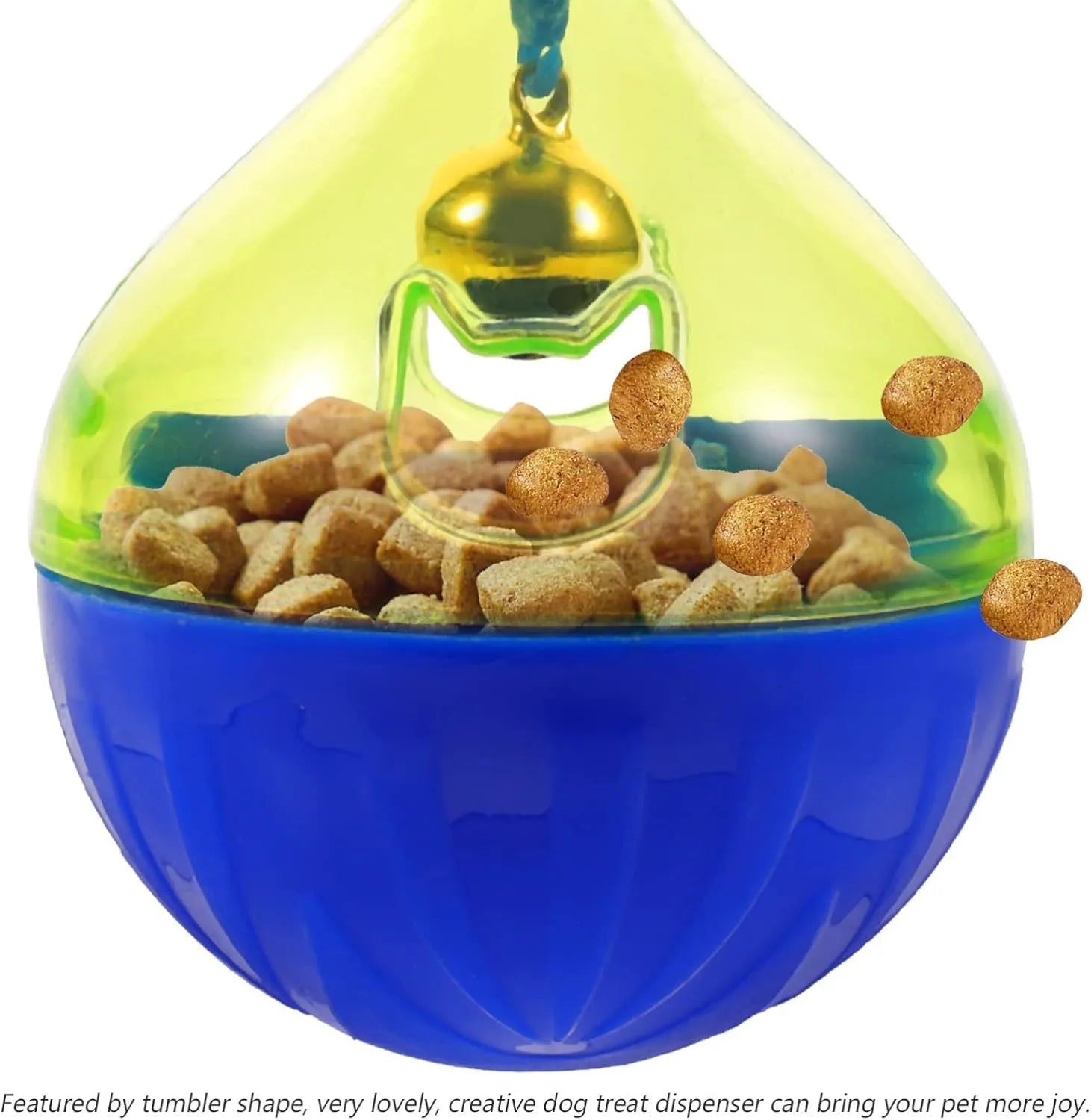 Blue and white durable pet treat dispenser tumbler toy for dogs and cats on a wooden floor.