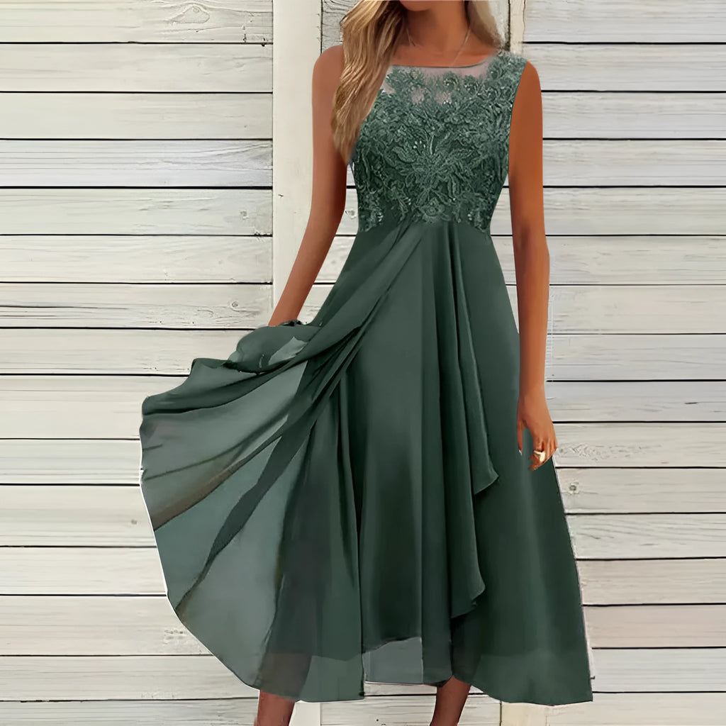 Women's sleeveless chiffon dress with lace hollow-out detail in blue, green or purple colours