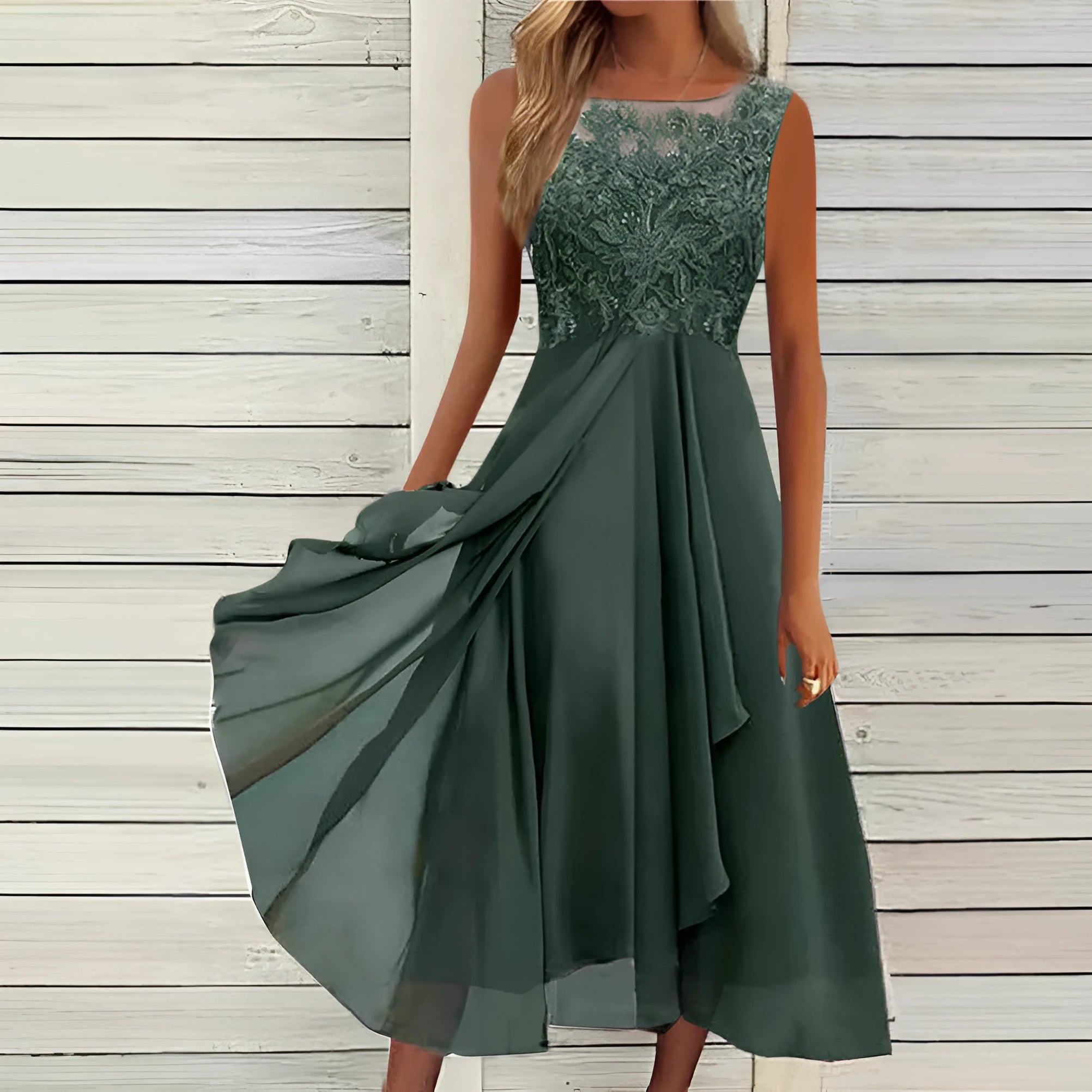 Women's sleeveless chiffon dress with lace hollow-out detail in blue, green or purple colours