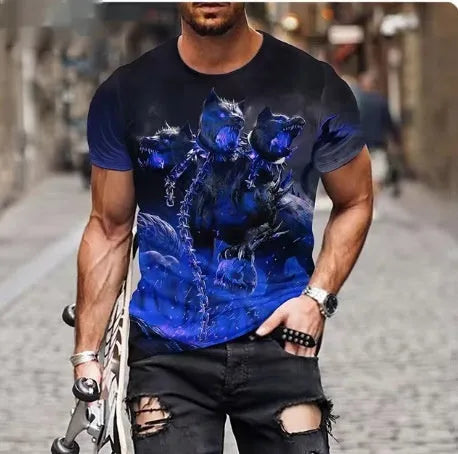 Men's grey T-shirt with a large, fierce 3D lion head print on the chest.