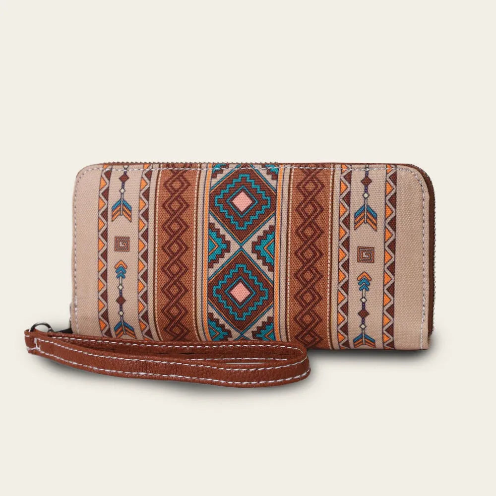 Bohemian-style striped canvas RFID wallet with wind belt design shown in multiple colour options