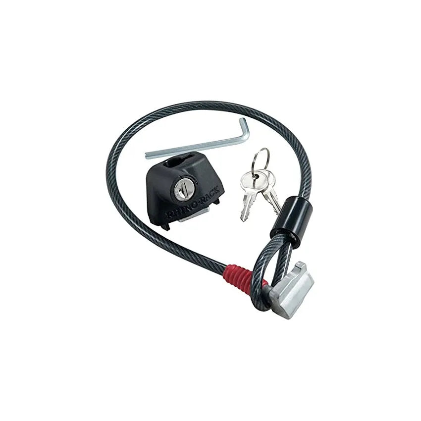 Plastic-sheathed steel cable lock for securing kayak to a vehicle roof rack without drilling.