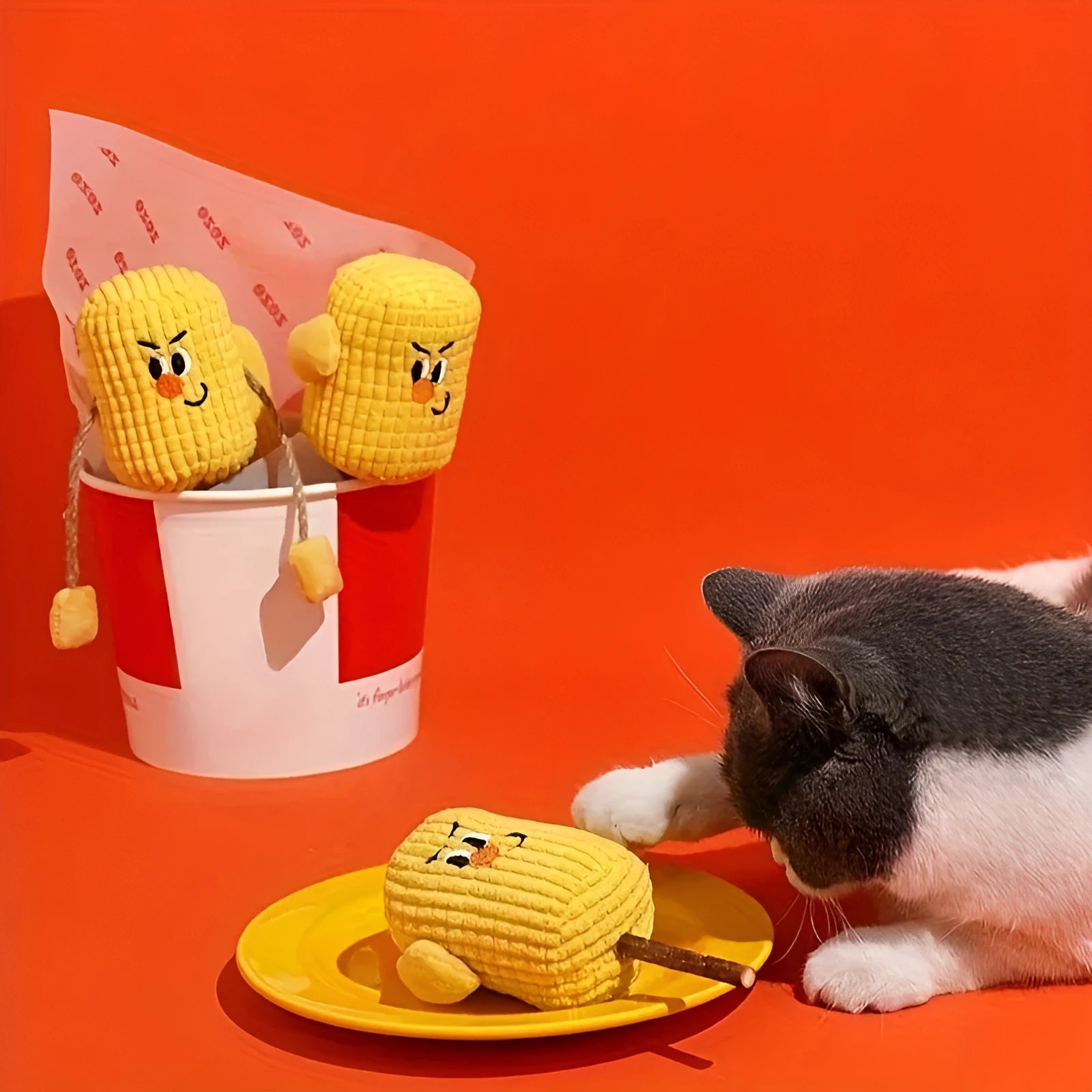 A corn cob shaped chew toy for cats made from polished beech wood, shown next to a tape measure indicating its 15cm length.